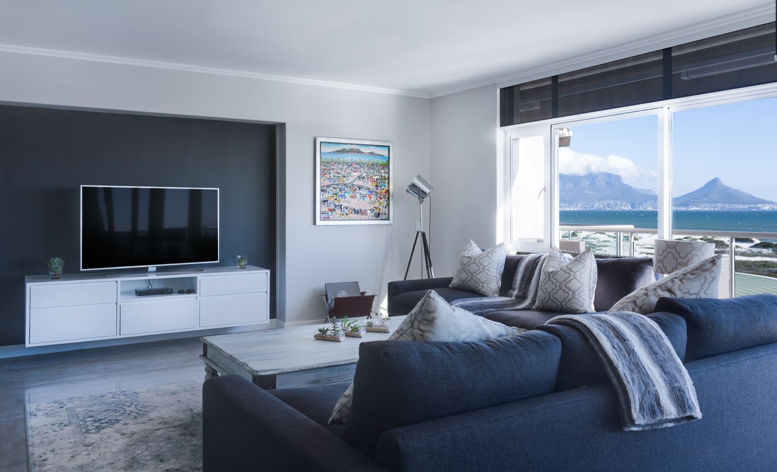 Wall-mounted television in a living room
